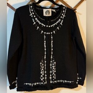 Vintage Storybook Knits Black full zip Cardigan S White Pearl Rhinestone Floral